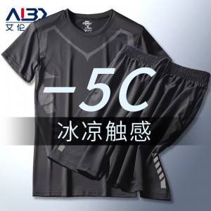 艾伦伯顿（Alen Botun）运动套装男健身服速干冰丝休闲短袖夏季宽松薄款训练篮球跑步服 科幻宽松两件套【冰凉触感】